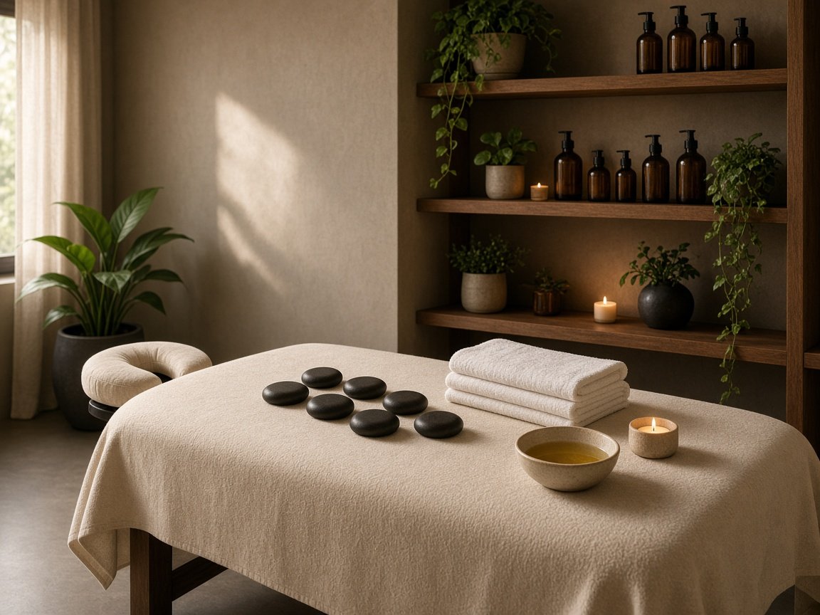 Sala de massagem com pedras quentes, toalhas e óleos