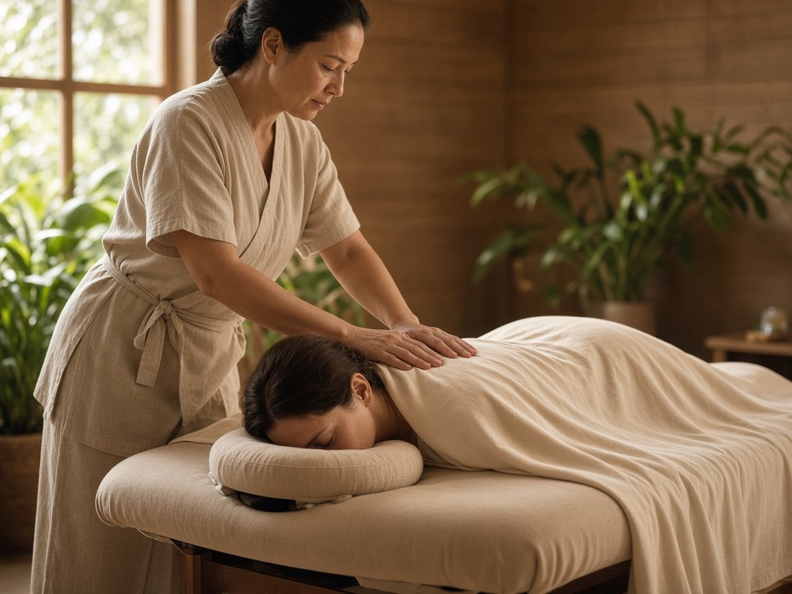 Massagem em uma mesa de terapia, com o cliente coberto por um lençol