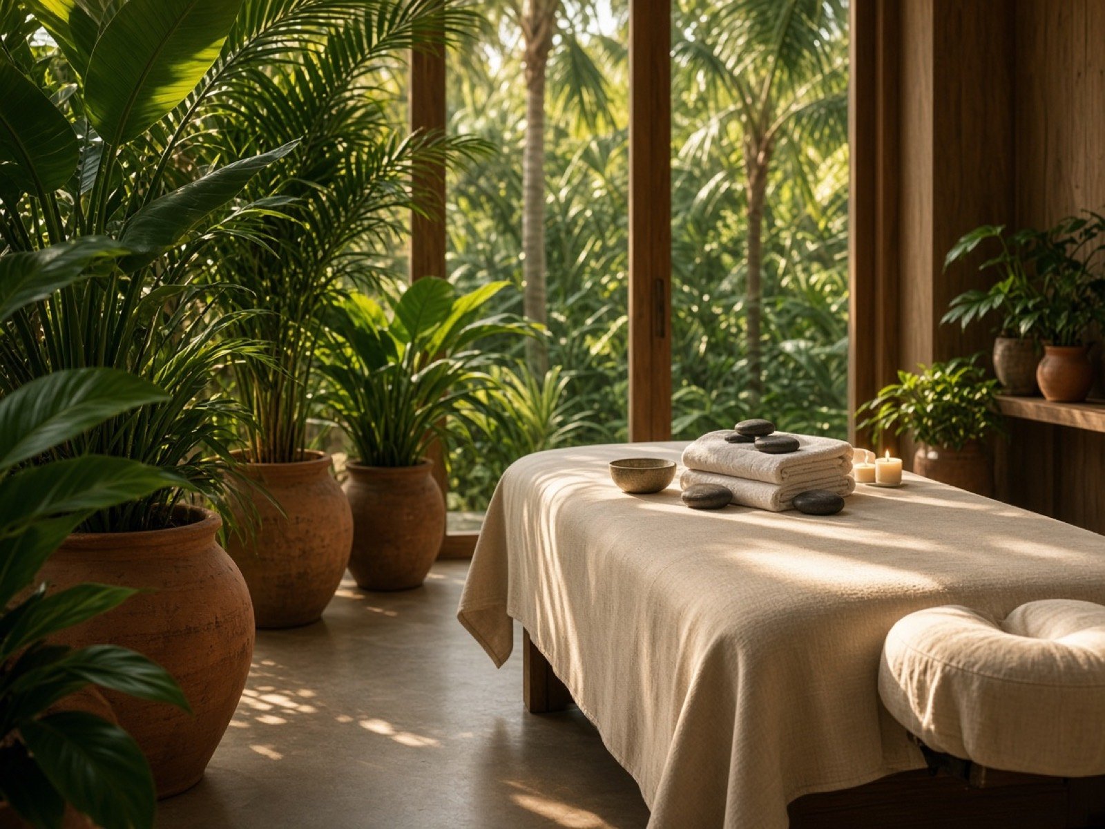 Sala de massagem com luz natural, plantas e uma mesa preparada