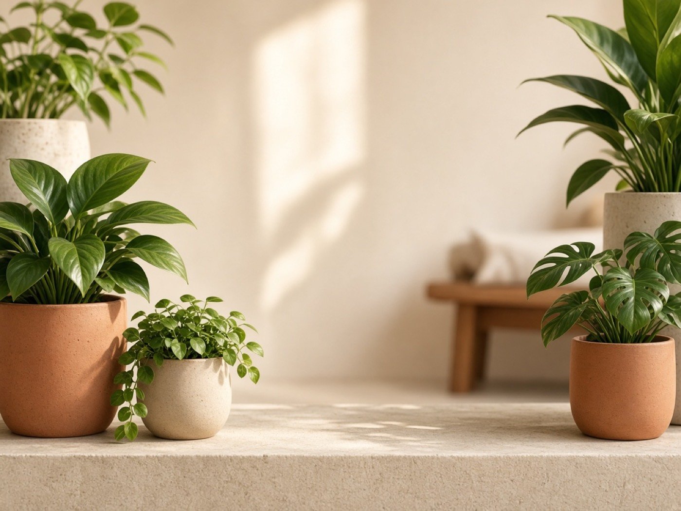 Plantas em vasos de cerâmica, com a tela de reservas da OZEN sobreposta