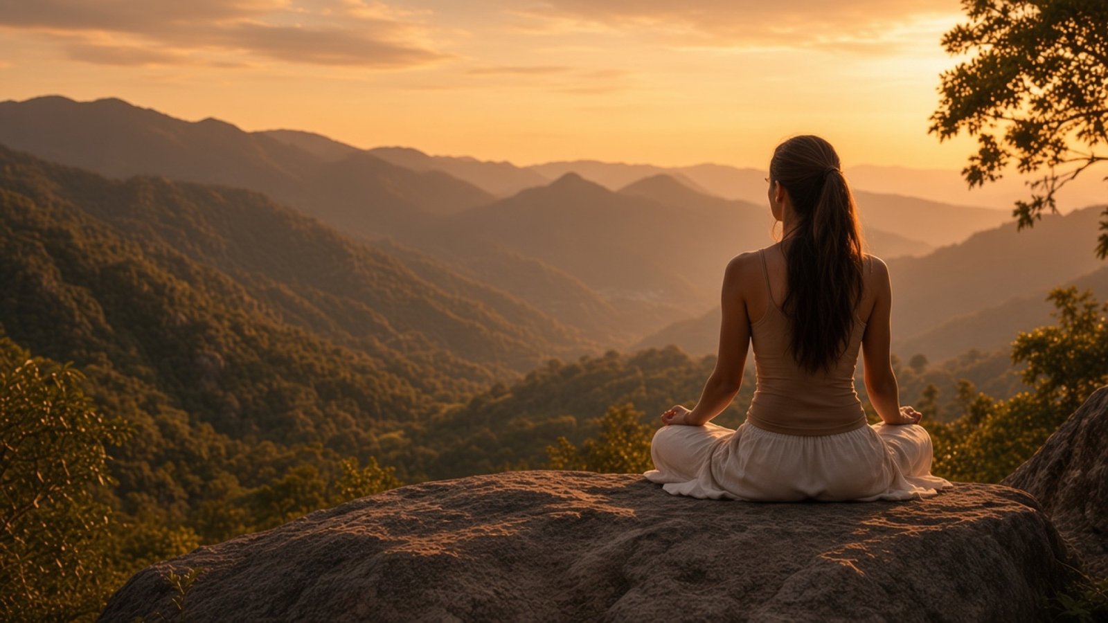 Pessoa meditando em uma montanha ao pôr do sol